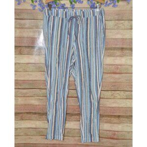 Per Se Linen Blend Straight Pants Women’s M Blue Striped Pull On Boho Coastal